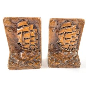 Vintage Clipper Sailing Ship Bookends Hand Carved Wood Gift